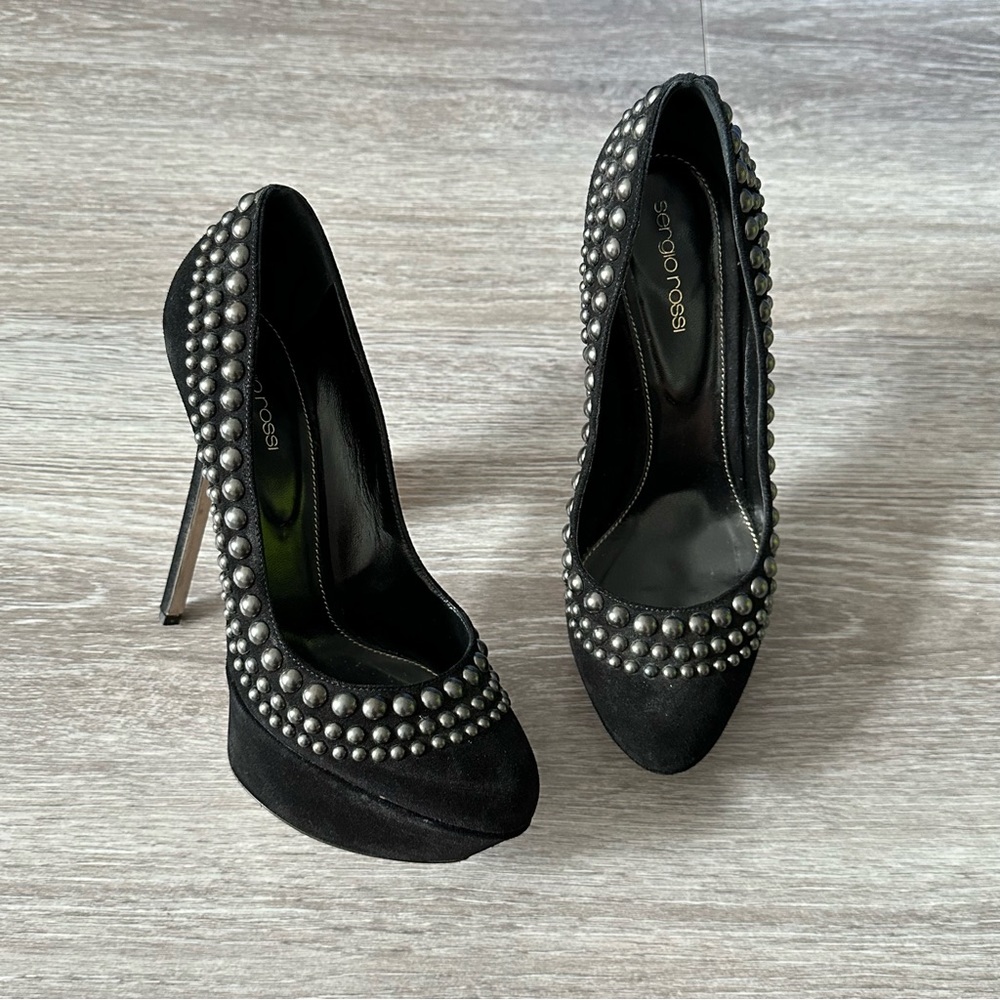Sergio Rossi Black Suede Silver Studded Platform Pumps - Picture 7 of 13